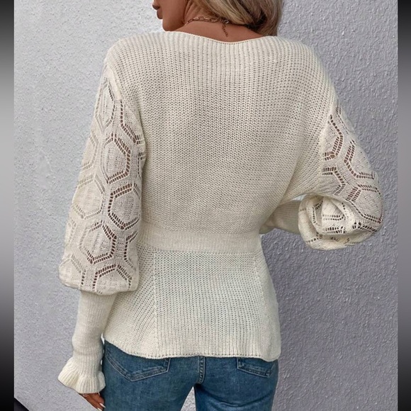 Comfy Sheer Mesh Crochet Guipure Lace Cuff Long Sleeve Peplum Knit Sweater - Picture 2 of 5
